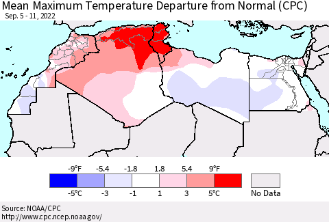North Africa Mean Maximum Temperature Departure from Normal (CPC) Thematic Map For 9/5/2022 - 9/11/2022