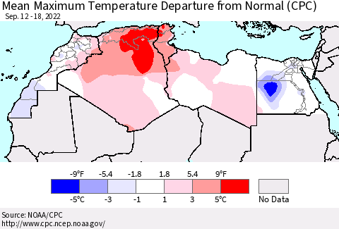 North Africa Mean Maximum Temperature Departure from Normal (CPC) Thematic Map For 9/12/2022 - 9/18/2022