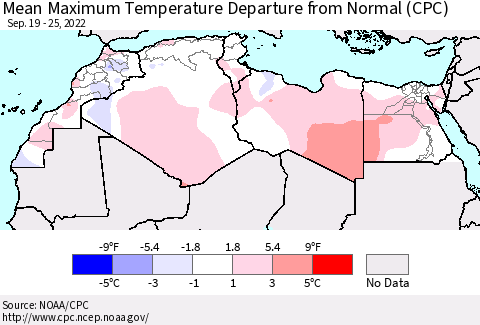 North Africa Mean Maximum Temperature Departure from Normal (CPC) Thematic Map For 9/19/2022 - 9/25/2022