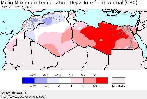 North Africa Mean Maximum Temperature Departure from Normal (CPC) Thematic Map For 9/26/2022 - 10/2/2022