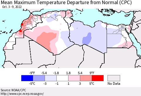 North Africa Mean Maximum Temperature Departure from Normal (CPC) Thematic Map For 10/3/2022 - 10/9/2022