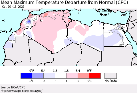 North Africa Mean Maximum Temperature Departure from Normal (CPC) Thematic Map For 10/10/2022 - 10/16/2022