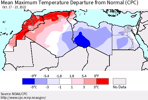 North Africa Mean Maximum Temperature Departure from Normal (CPC) Thematic Map For 10/17/2022 - 10/23/2022