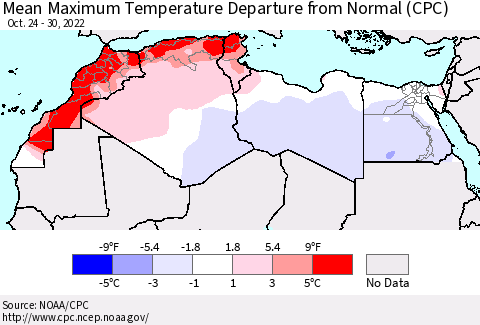 North Africa Mean Maximum Temperature Departure from Normal (CPC) Thematic Map For 10/24/2022 - 10/30/2022