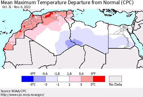 North Africa Mean Maximum Temperature Departure from Normal (CPC) Thematic Map For 10/31/2022 - 11/6/2022