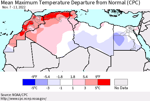 North Africa Mean Maximum Temperature Departure from Normal (CPC) Thematic Map For 11/7/2022 - 11/13/2022