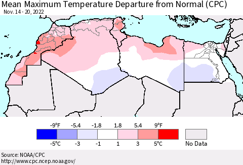 North Africa Mean Maximum Temperature Departure from Normal (CPC) Thematic Map For 11/14/2022 - 11/20/2022