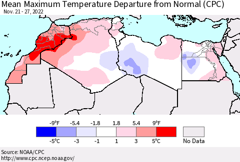 North Africa Mean Maximum Temperature Departure from Normal (CPC) Thematic Map For 11/21/2022 - 11/27/2022
