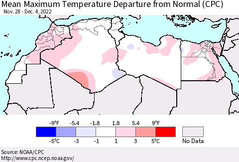 North Africa Mean Maximum Temperature Departure from Normal (CPC) Thematic Map For 11/28/2022 - 12/4/2022