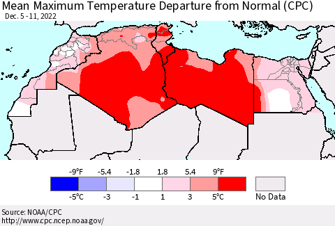 North Africa Mean Maximum Temperature Departure from Normal (CPC) Thematic Map For 12/5/2022 - 12/11/2022