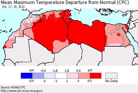 North Africa Mean Maximum Temperature Departure from Normal (CPC) Thematic Map For 12/12/2022 - 12/18/2022
