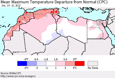 North Africa Mean Maximum Temperature Departure from Normal (CPC) Thematic Map For 12/19/2022 - 12/25/2022