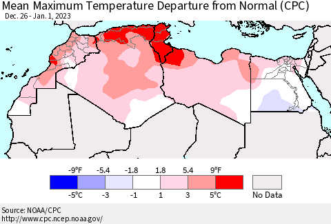 North Africa Mean Maximum Temperature Departure from Normal (CPC) Thematic Map For 12/26/2022 - 1/1/2023