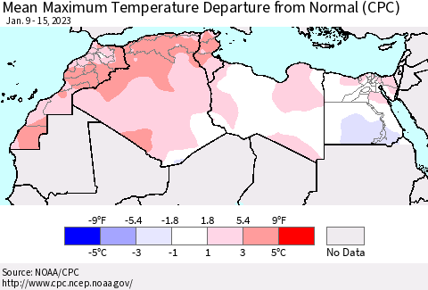 North Africa Mean Maximum Temperature Departure from Normal (CPC) Thematic Map For 1/9/2023 - 1/15/2023