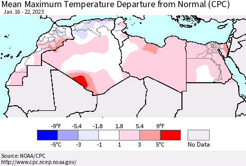North Africa Mean Maximum Temperature Departure from Normal (CPC) Thematic Map For 1/16/2023 - 1/22/2023