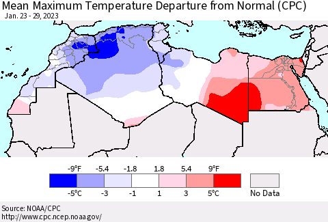 North Africa Mean Maximum Temperature Departure from Normal (CPC) Thematic Map For 1/23/2023 - 1/29/2023