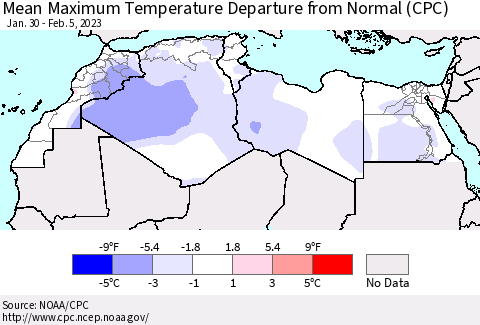 North Africa Mean Maximum Temperature Departure from Normal (CPC) Thematic Map For 1/30/2023 - 2/5/2023