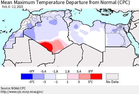 North Africa Mean Maximum Temperature Departure from Normal (CPC) Thematic Map For 2/6/2023 - 2/12/2023