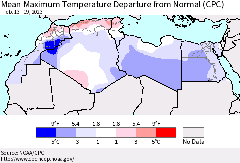 North Africa Mean Maximum Temperature Departure from Normal (CPC) Thematic Map For 2/13/2023 - 2/19/2023