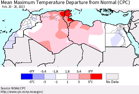 North Africa Mean Maximum Temperature Departure from Normal (CPC) Thematic Map For 2/20/2023 - 2/26/2023