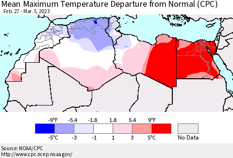 North Africa Mean Maximum Temperature Departure from Normal (CPC) Thematic Map For 2/27/2023 - 3/5/2023