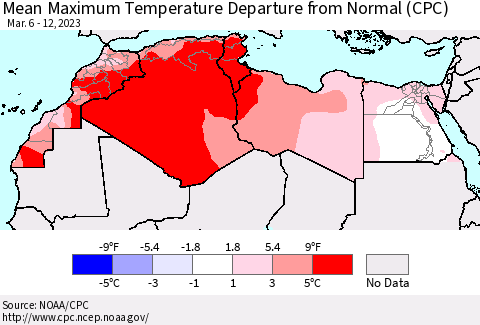 North Africa Mean Maximum Temperature Departure from Normal (CPC) Thematic Map For 3/6/2023 - 3/12/2023