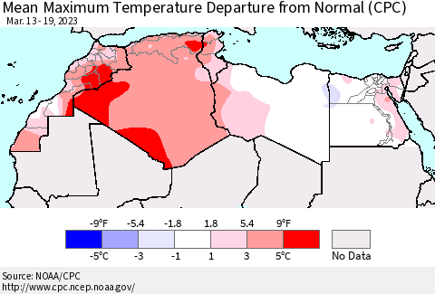 North Africa Mean Maximum Temperature Departure from Normal (CPC) Thematic Map For 3/13/2023 - 3/19/2023