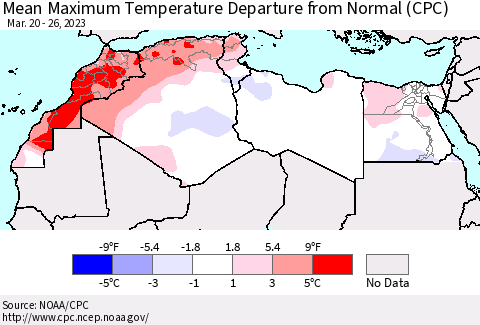 North Africa Mean Maximum Temperature Departure from Normal (CPC) Thematic Map For 3/20/2023 - 3/26/2023