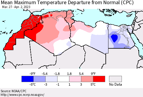 North Africa Mean Maximum Temperature Departure from Normal (CPC) Thematic Map For 3/27/2023 - 4/2/2023