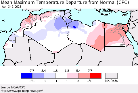 North Africa Mean Maximum Temperature Departure from Normal (CPC) Thematic Map For 4/3/2023 - 4/9/2023