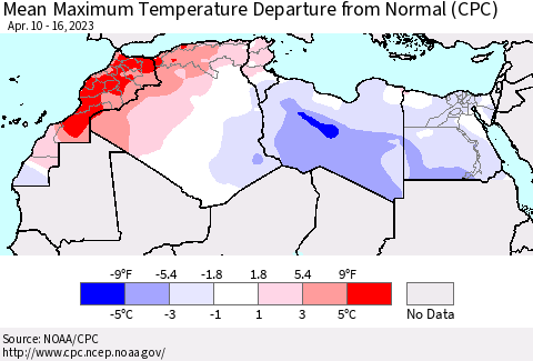 North Africa Mean Maximum Temperature Departure from Normal (CPC) Thematic Map For 4/10/2023 - 4/16/2023