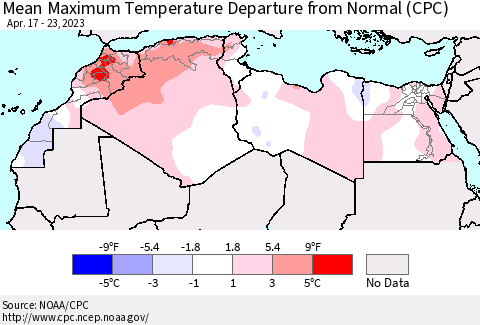 North Africa Mean Maximum Temperature Departure from Normal (CPC) Thematic Map For 4/17/2023 - 4/23/2023