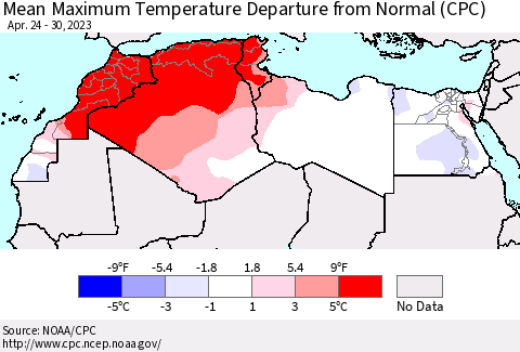 North Africa Mean Maximum Temperature Departure from Normal (CPC) Thematic Map For 4/24/2023 - 4/30/2023