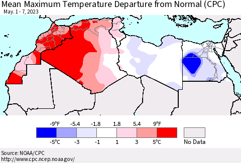 North Africa Mean Maximum Temperature Departure from Normal (CPC) Thematic Map For 5/1/2023 - 5/7/2023