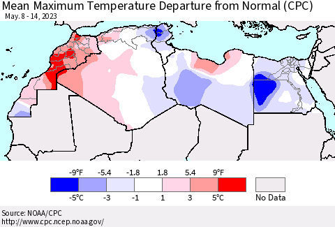 North Africa Mean Maximum Temperature Departure from Normal (CPC) Thematic Map For 5/8/2023 - 5/14/2023