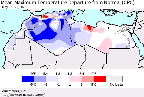 North Africa Mean Maximum Temperature Departure from Normal (CPC) Thematic Map For 5/15/2023 - 5/21/2023
