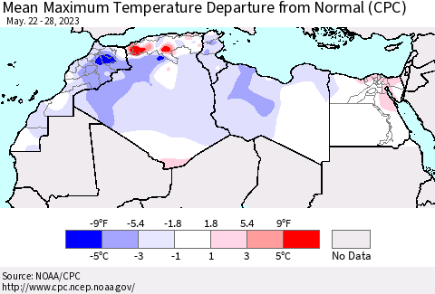 North Africa Mean Maximum Temperature Departure from Normal (CPC) Thematic Map For 5/22/2023 - 5/28/2023