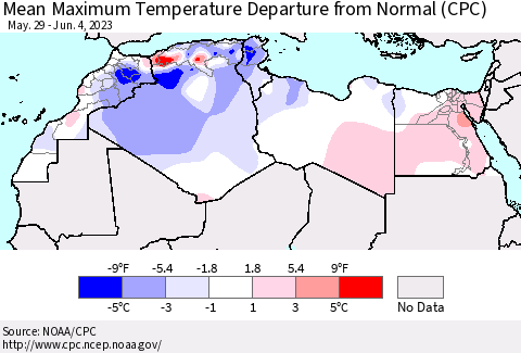 North Africa Mean Maximum Temperature Departure from Normal (CPC) Thematic Map For 5/29/2023 - 6/4/2023