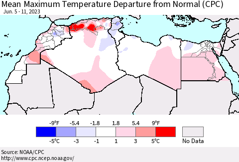 North Africa Mean Maximum Temperature Departure from Normal (CPC) Thematic Map For 6/5/2023 - 6/11/2023