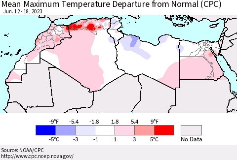 North Africa Mean Maximum Temperature Departure from Normal (CPC) Thematic Map For 6/12/2023 - 6/18/2023