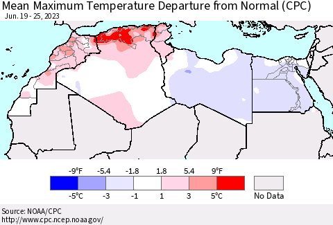 North Africa Mean Maximum Temperature Departure from Normal (CPC) Thematic Map For 6/19/2023 - 6/25/2023