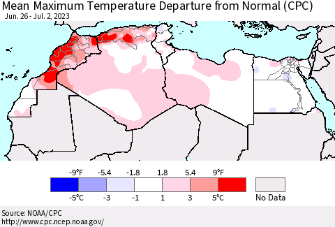 North Africa Mean Maximum Temperature Departure from Normal (CPC) Thematic Map For 6/26/2023 - 7/2/2023