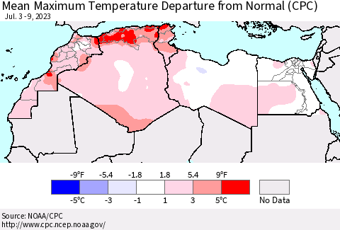 North Africa Mean Maximum Temperature Departure from Normal (CPC) Thematic Map For 7/3/2023 - 7/9/2023
