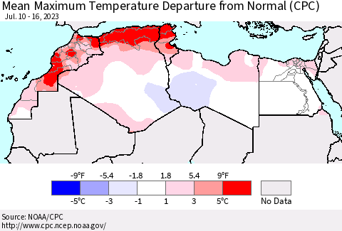 North Africa Mean Maximum Temperature Departure from Normal (CPC) Thematic Map For 7/10/2023 - 7/16/2023