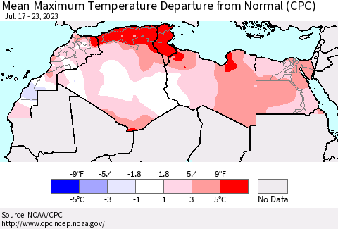 North Africa Mean Maximum Temperature Departure from Normal (CPC) Thematic Map For 7/17/2023 - 7/23/2023