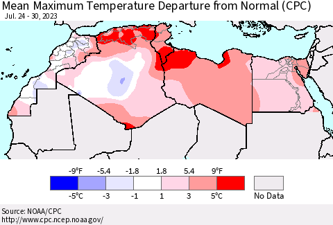 North Africa Mean Maximum Temperature Departure from Normal (CPC) Thematic Map For 7/24/2023 - 7/30/2023