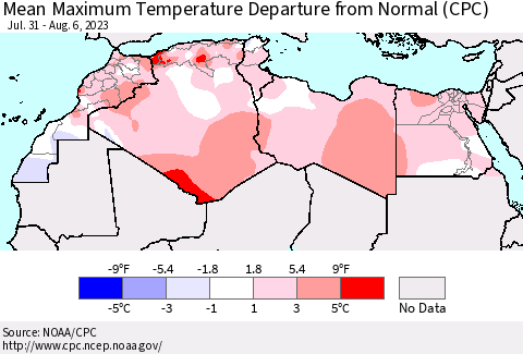 North Africa Mean Maximum Temperature Departure from Normal (CPC) Thematic Map For 7/31/2023 - 8/6/2023