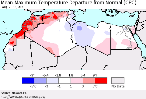 North Africa Mean Maximum Temperature Departure from Normal (CPC) Thematic Map For 8/7/2023 - 8/13/2023