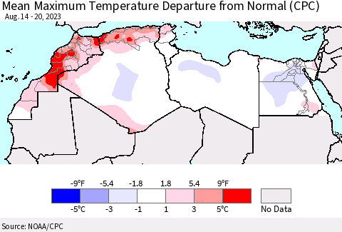 North Africa Mean Maximum Temperature Departure from Normal (CPC) Thematic Map For 8/14/2023 - 8/20/2023