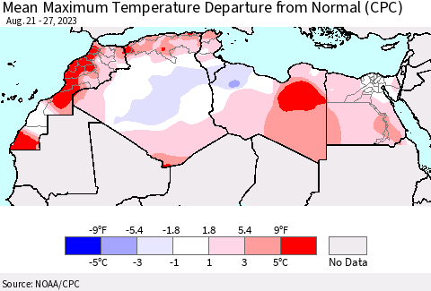 North Africa Mean Maximum Temperature Departure from Normal (CPC) Thematic Map For 8/21/2023 - 8/27/2023